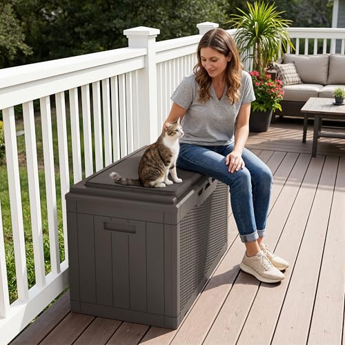 100 Gallon Resin Deck Box Large Outdoor Storage Boxes with Cushions for Garden Tools