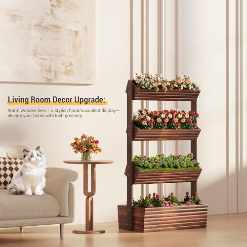 Wood Vertical garden planter herb Raised garden bed indoor kit standing (Carbonized / 4-Tier)