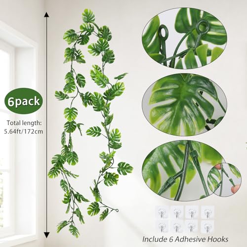 6Pc Artificial Monstera Leaves Vine 5.9FT Plastic Palm Ivy Garland (Green Plam S 6p)