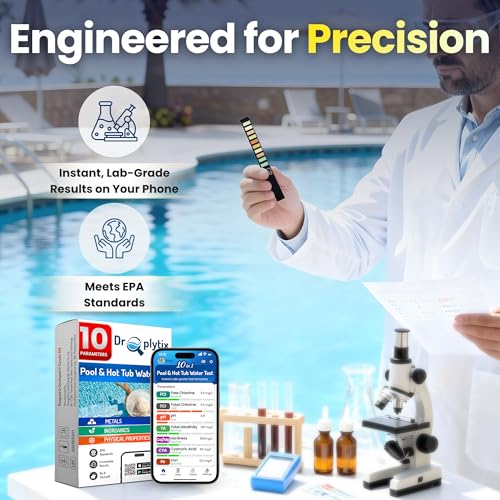 10-in-1 Pool & Spa Water Test Kit with App, Hot Tub, Saltwater, Chlorine, Cyanuric Acid, Alkalinity, Hardness, pH, Nitrate, Sulfate, Digital Water Quality Testing Strips (DXPOOL-R10-S10)