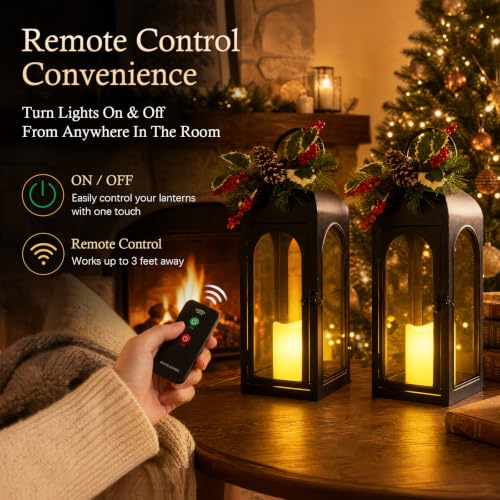 16 Inch Black Metal Christmas Lanterns Set of 2 with Remote and Timer