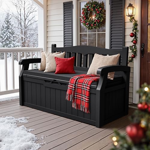 80 Gallon Resin Outdoor Storage Bench with Cushion. Waterproof (Black / 80 Gal with Cushion)