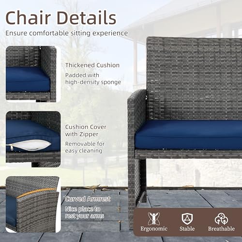 4 Piece Patio Ratten Set Outdoor Furniture Set Wicker Conversation Set with Cushions and Tempered Glass Tabletop (Deep Blue)