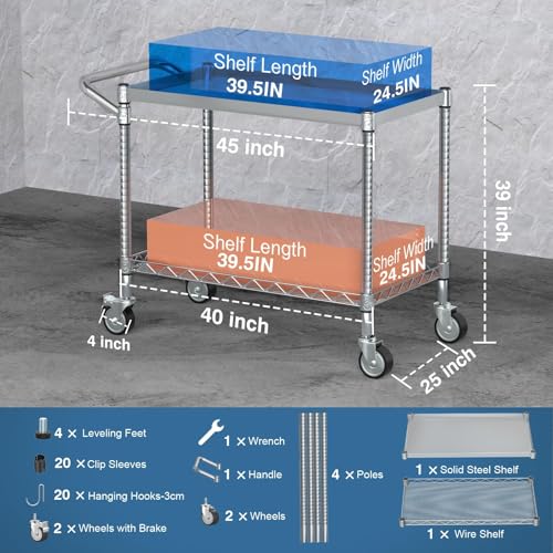 Utility Tool Cart with Wheel (2 Tier / 2-silver)