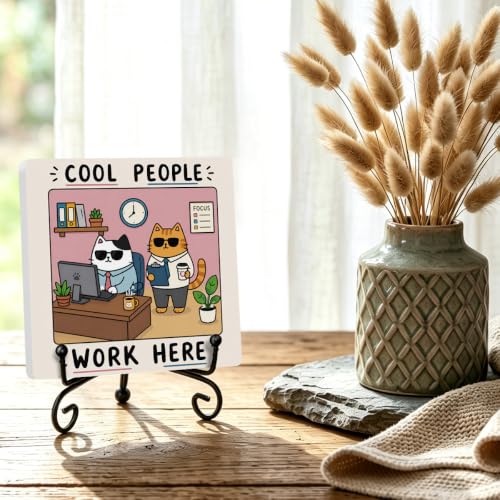 Funny Cat Wooden Plaque for Home Office Book Shelf Table Decor 6.3x6.3 Inch (Multicolor 1712 / Wooden sign with iron frame（6.3 x 6.3 inches）)