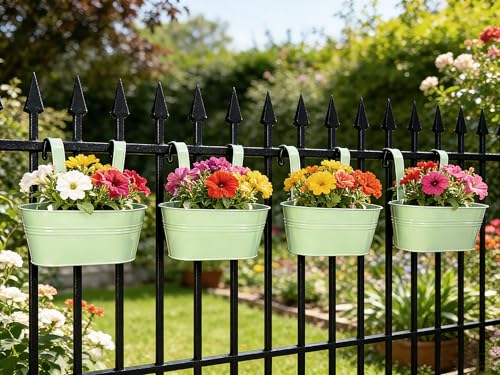 4 Pack 10" Balcony Hanging Metal Fence Planters Flower Pots (Mint Green)