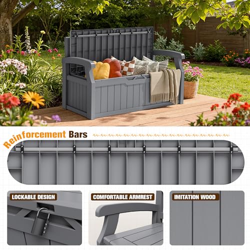 80 Gallon Resin Outdoor Storage Bench with Cushion. Waterproof (Grey / 80 Gal with Cushion)