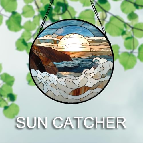 Stained Glass Window Hanging 4 Pcs Set Ocean Waves 6.3" (4-piece Set: Bblue Waves / 6.3x6.3 IN)