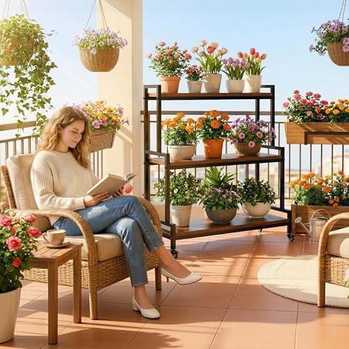 3 Tier Plant Stand with Wheels (Walnut)