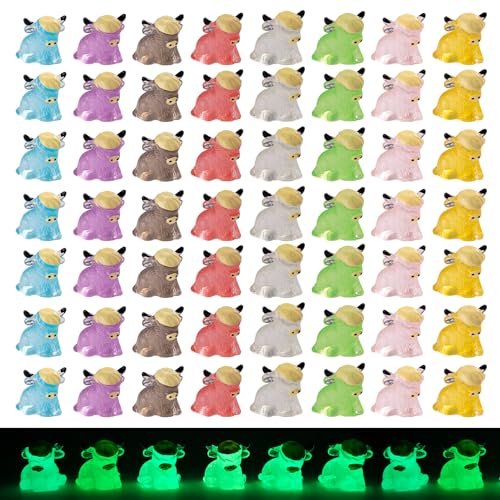 56 Pcs Mini Yak Figurines Bulk Mini Cow Figurines Cake Decorations Miniature Resin Sculpture Ornament Micro Landscape Office Garden Desk Party Tabletop Decor (Glow Yak-56p)