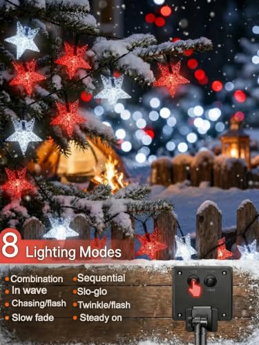Twinkle Solar Star String Lights Red White Outdoor 39FT (Red-White)
