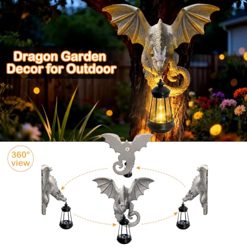 Solar Dragon Tree Hugger Garden Statue (Stone Grey - Dragon with Lantern)