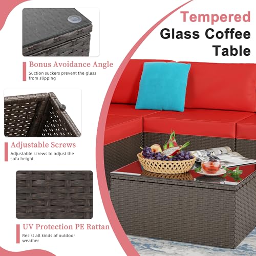 6 Pieces Patio Furniture Set Outdoor Couch Wicker Sectional Sofa (Red / 6 pcs)