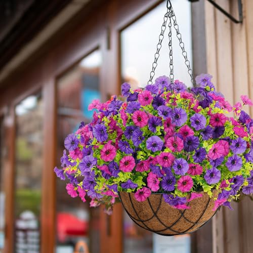 Artificial Fake Hanging Flowers with Basket for Outdoor Decor 12 Pcs UV Resistant Faux Silk Morning Glory Flowers Plants for Outdoor Outside Planters Home Porch Patio Balcony Spring Summer Décor (Dark Red&dark Violet)