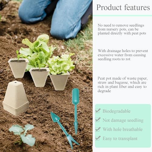 50Pcs Biodegradable Seedling Pots Seed Starter Kit 3.15 Inch Square Peat Pot with Drainage Holes (Square (With Labels, Picker, and Shovel))