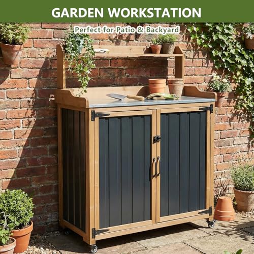 Rolling Potting Bench with Storage and Galvanized Metal Top (Black / 37" x 18" x 47")
