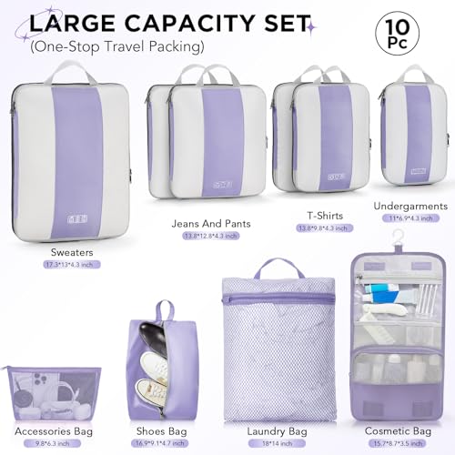 10 Set Compression Packing Cubes for Travel Essentials (Purple Gray)