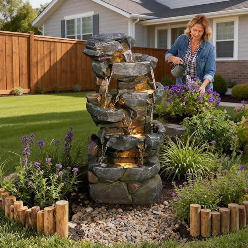 42H Realistic Tree Trunk Outdoor Water Fountain with 5 Tiers (50.6H / Light Gray-rock)