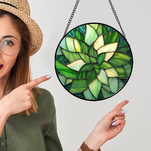 Green Leaf Flower Stained Glass Window Hanging Suncatcher Gift for Mom 7.8"