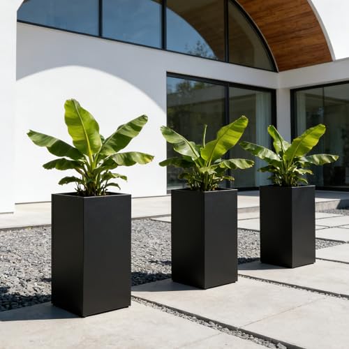 Set of 2 Tall Metal Planter Box for Outdoor Plants (Black / 14" L x 14" W x 30" H)
