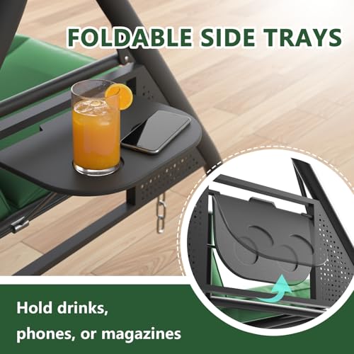 3 Seat Patio Porch Swing with Adjustable Canopy and Stand (Green / with cup holder)
