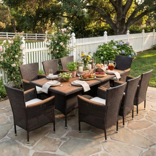 10 Pieces Ratton Patio Table and Chairs with Acacia Tabletop for Outdoor (Brown - Beige / 10-Pieces)