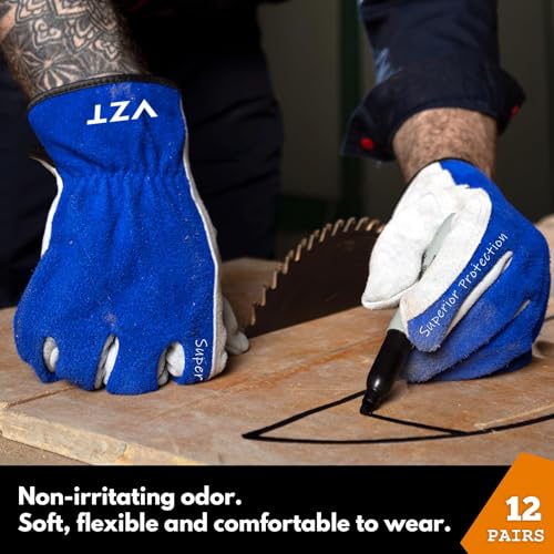 12 Pairs Bulk Leather Work Gloves for Men or Women for Construction (12 Count)