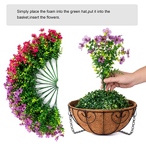 Artificial Faux Hanging Plants Flowers Basket for Spring Summer Outdoor Outside Decoration (Purple Pink)