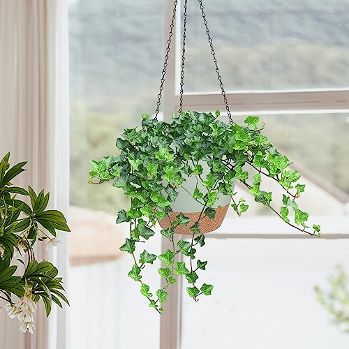 10/9/8 Inch Hanging Planter for Indoor Outdoor Plants, 3 Pack Self-Watering Hanging Pot with Drainage Holes Hanging Planter Baskets Plant Pots with Removable Tray (Green+Brown) (3 Count)