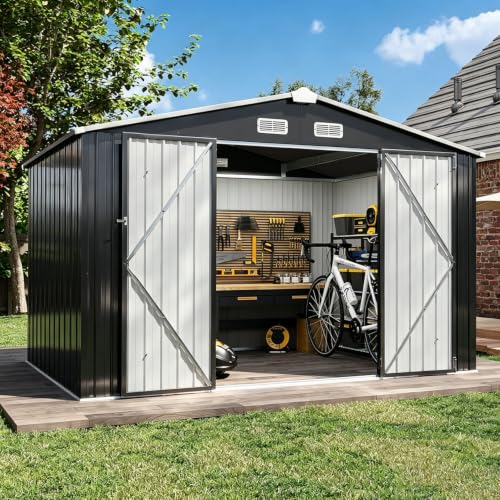 8x6 FT Outdoor Metal Storage Shed with Lockable Doors (Black / 8'x6')