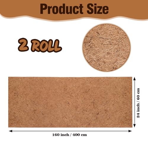 2 Rolls 24 x 160 Inch Coir Liner Roll Coconut Fiber Mat Natural Coconut Coir Liner Sheets Plant Potting Mat for Garden Planters Flower Window Box Basket Animal Pet Pad Reptile Carpet (24 x 160 inch)