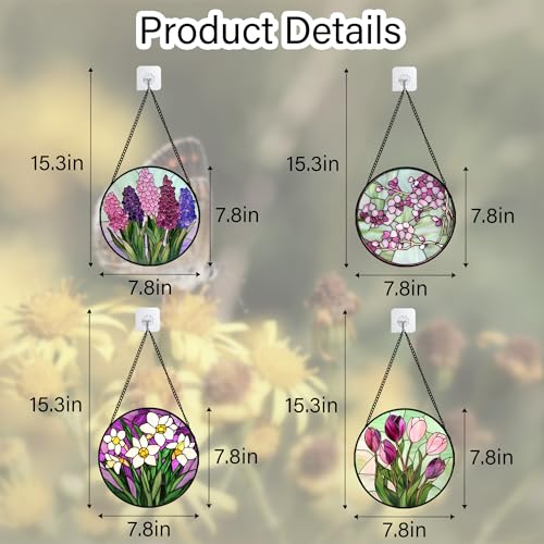 Stained Glass Window Hanging 4 Pcs Set Tulips Plum Flower Daffodils Hyacinths 7.8" (4-piece Purple Flower Set / 7.8x7.8 IN)