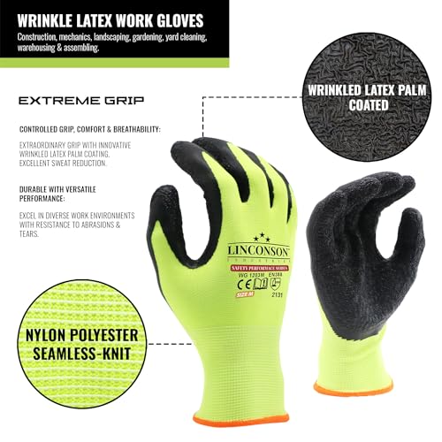 12 Pack Safety Performance Series Construction Mechanics Wrinkle Latex Work Gloves (Medium (12 Pairs) / Green - Black Palm)