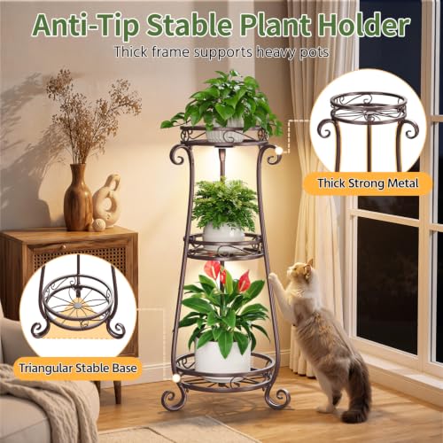 3 Tiers Metal Corner Plant Stand Tall with Light for Indoor Outdoor (Bronze with Light / 3 Tier)