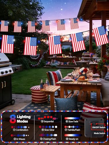 4th of July Decorations 50 LED Solar American Flag String Lights Outdoor (Red-Blue-White Flag / 1 Pack)