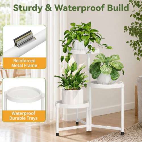 Plant Stand Indoor Outdoor with Large 10 Inch Plastic Tray (White with Large Tray / 3 Tier)