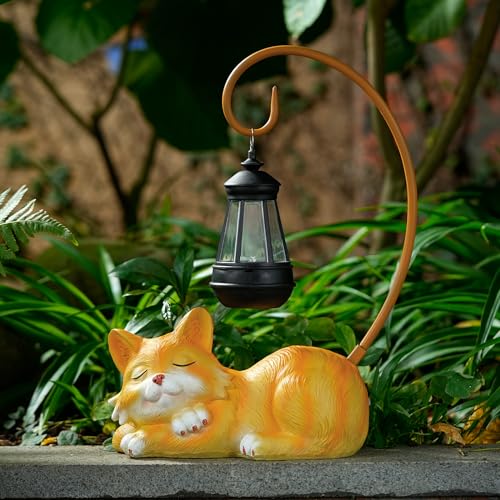 Outdoor Cat Figurine Garden Statue with Solar (Yellow)