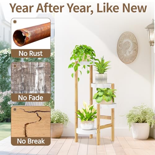 Plant Stand Table Tall for Indoor Corner (Simple White-Bamboo / 4 Tier)