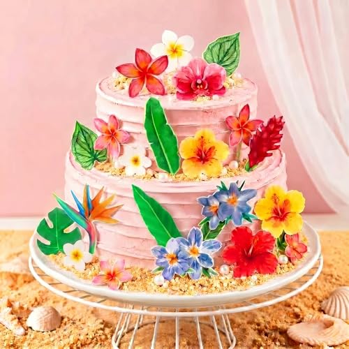 70pcs Edible Flowers Cake Decorations Tropical Hibiscus Flower & Leaf Wafer Paper Cake & Cupcake Toppers for Hawaiian Theme Birthday Party Decorating (Green & Yellow & Red)