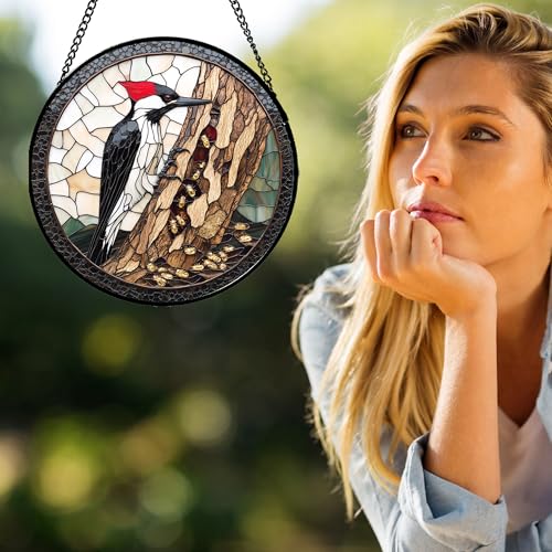 Woodpecker Tree Stained Glass Window Hanging Suncatcher Gifts for Mom 6.3" (Black White and Red / 6.3x6.3 IN)
