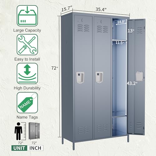 3 Door Metal Lockers for Employees (Grey / 3 door-72'')