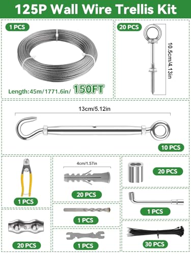 150FT Tensioned Wire Trellis Kit for Climbing Plants Wall Garden Trellis