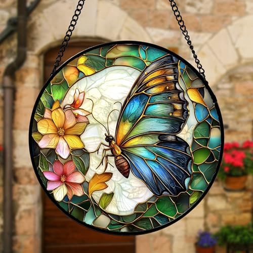 Green Butterfly Flower Stained Glass Window Hanging Suncatcher Gifts 7.8"