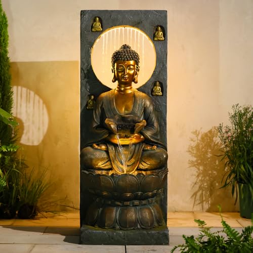 Large Buddha Water Fountain Waterfall Outdoor Indoor with LED Light (Gray / Water Fountain - 43 inches)
