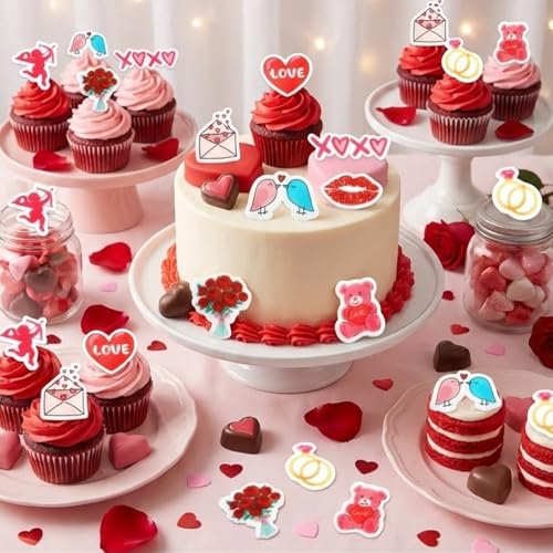 65PCS Valentine's Day Edible Cupcake Toppers & Cake Decorations Romantic Wafer Paper Assortment with Hearts (Red)