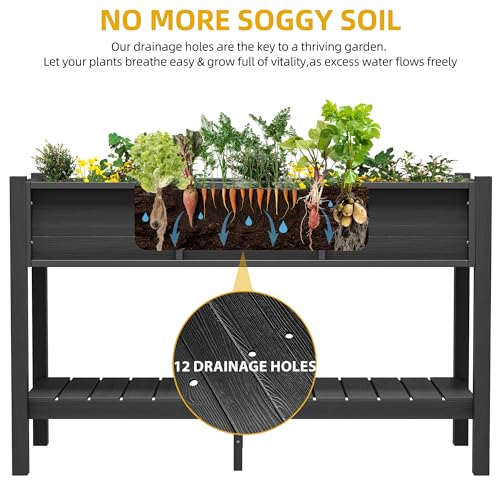 Raised Planter Box with Legs 48x18x30in Raised Garden Bed HDPE Poly Wood Weather (Black / 48x18x30in w/shelf)