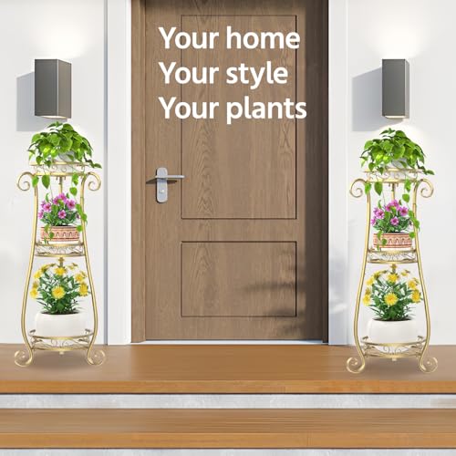 3 Tiers Metal Corner Plant Flower Stand Tall Indoor Outdoor (Gold / 3 Tier)