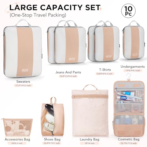 10 Set Compression Packing Cubes for Travel Essentials (Gold)