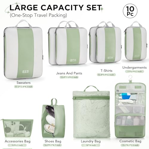 10 Set Compression Packing Cubes for Travel Essentials (Matcha Green)