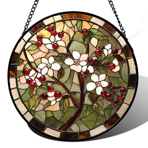 White Flowers Red Berries Stained Glass Window Hanging Suncatcher Gift 6.3" (Brown Green / 6.3x6.3 IN)